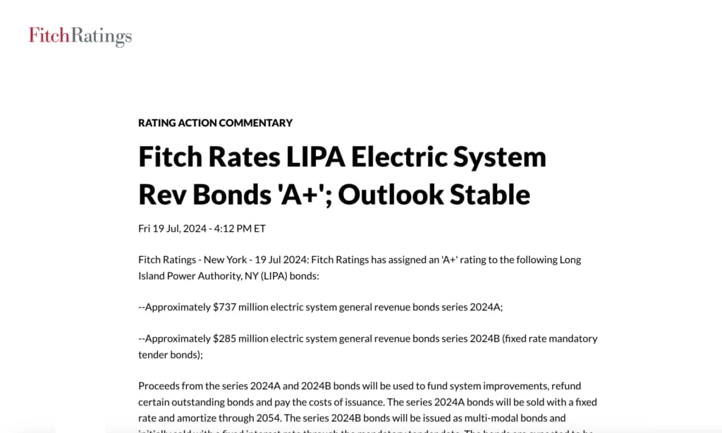 Fitch Rating Upgrades LIPA to A+ with Stable Outlook